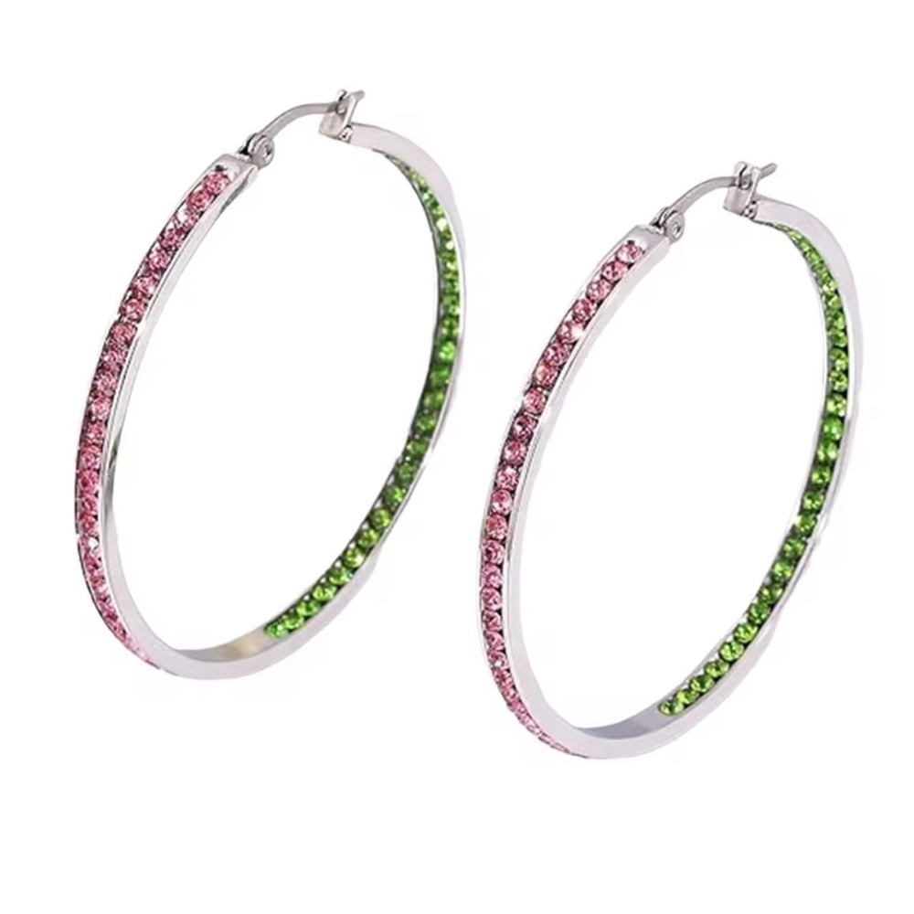 Pink & Green Crystal Stainless Steel Hoop Earrings